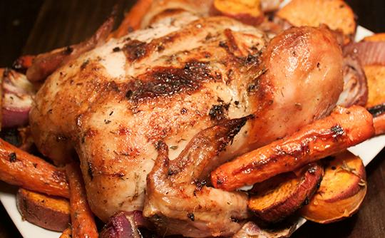 Garlic Herb Roasted Chicken with Sweet Potatoes and Red Onions Recipe