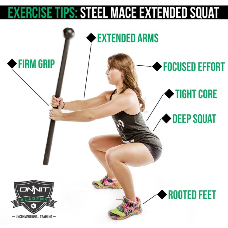 Tips on how to properly perform the Steel Mace Extended Squat